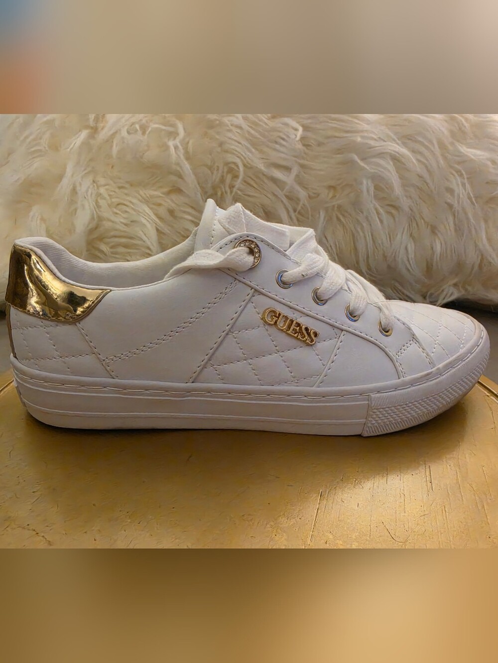 Guess White Quilted Lace-Up Sneakers with Gold Accents Size 7